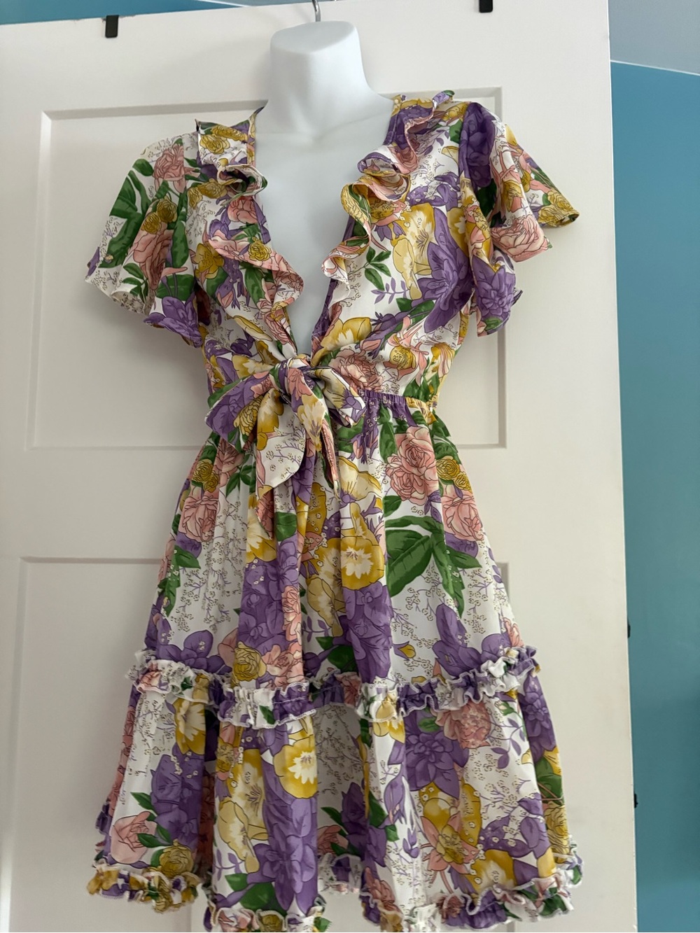 Angel Biba White Multi Floral Tie-Front Ruffle Mini Dress